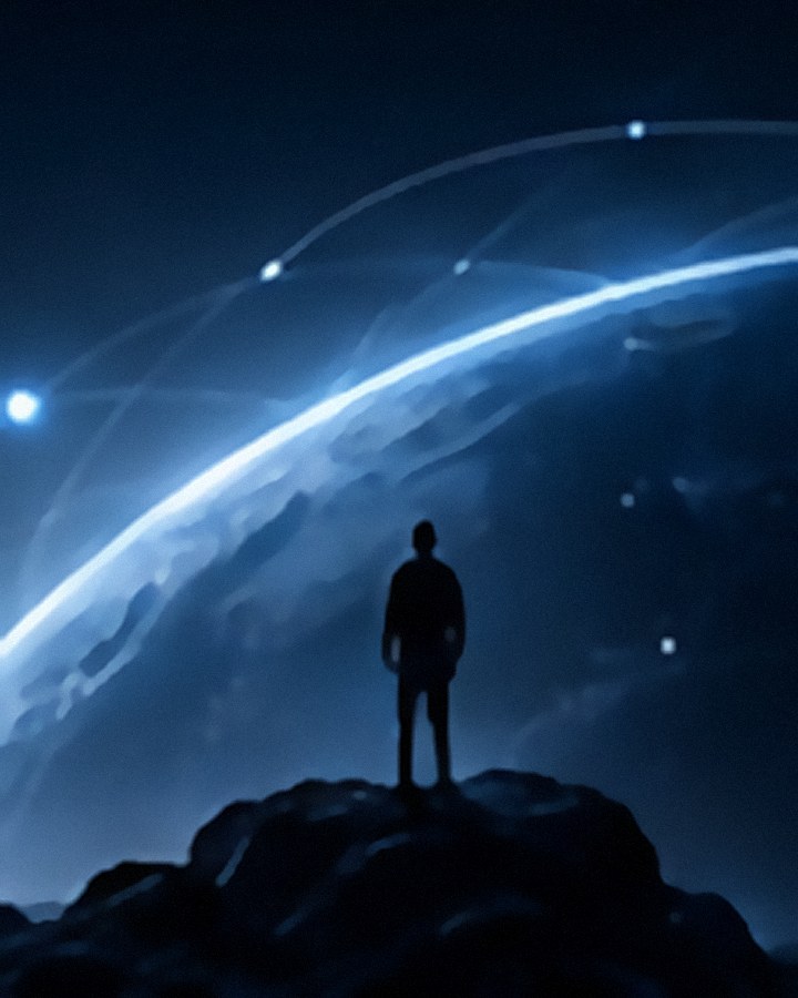 Pessoa de pé sobre uma rocha olhando o horizonte, com o planeta e uma rede de conexões ao fundo